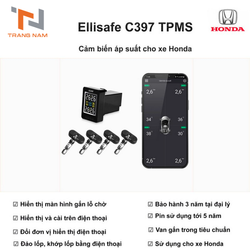 Cảm Biến Áp Suất Lốp C397 Cho Lỗ Chờ Xe Honda + Điện Thoại 1 Cảm Biến Áp Suất Lốp C398