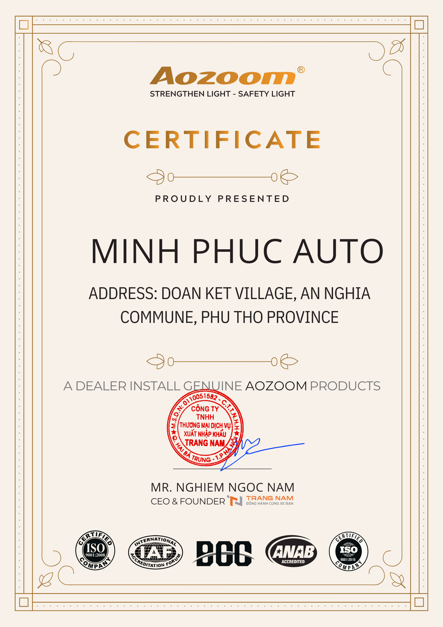 Chứng nhận Đại lý Aozoom cho Minh Phúc Auto